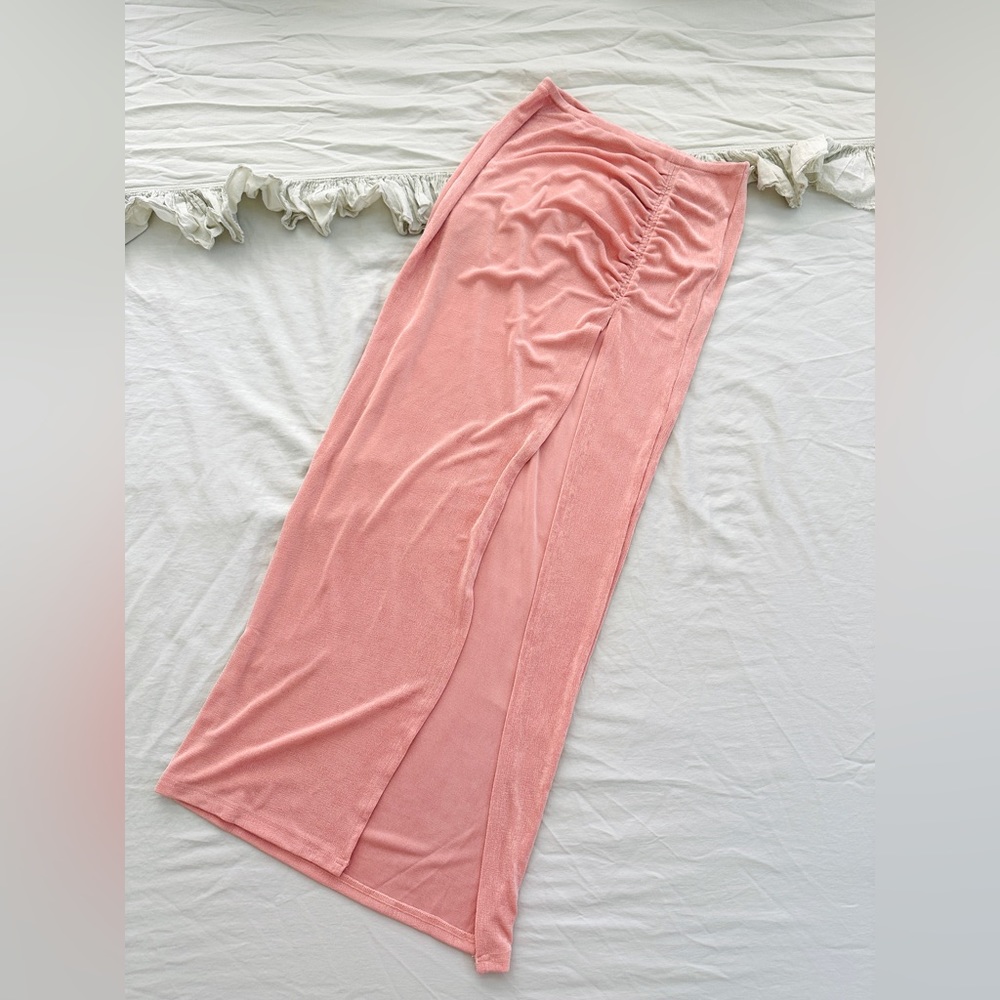Showpo DELICEA RUCHED HIGH SPLIT SLINKY MAXI SKIRT